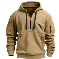 Mandotos cotton dropped shoulder hooded sweatshirt with relaxed fit and front pocket, shown in a casual streetwear style.