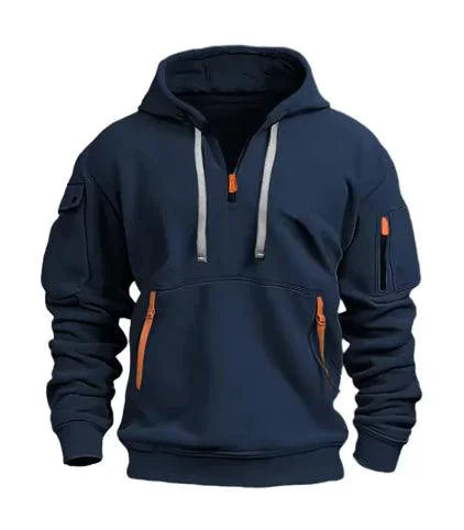 Mandotos cotton dropped shoulder hooded sweatshirt displayed in soft grey with a relaxed fit and front pocket.