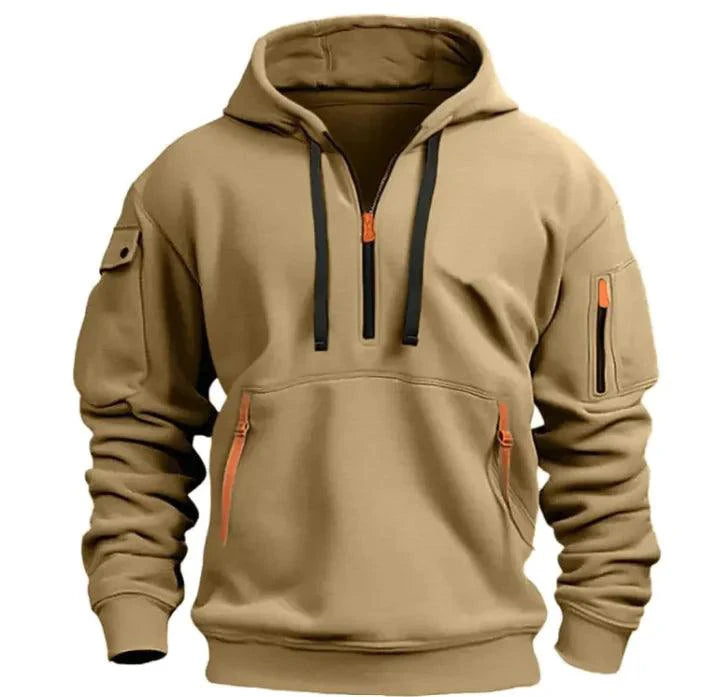 Mandotos cotton dropped shoulder hooded sweatshirt with relaxed fit and front pocket, shown in a casual style.