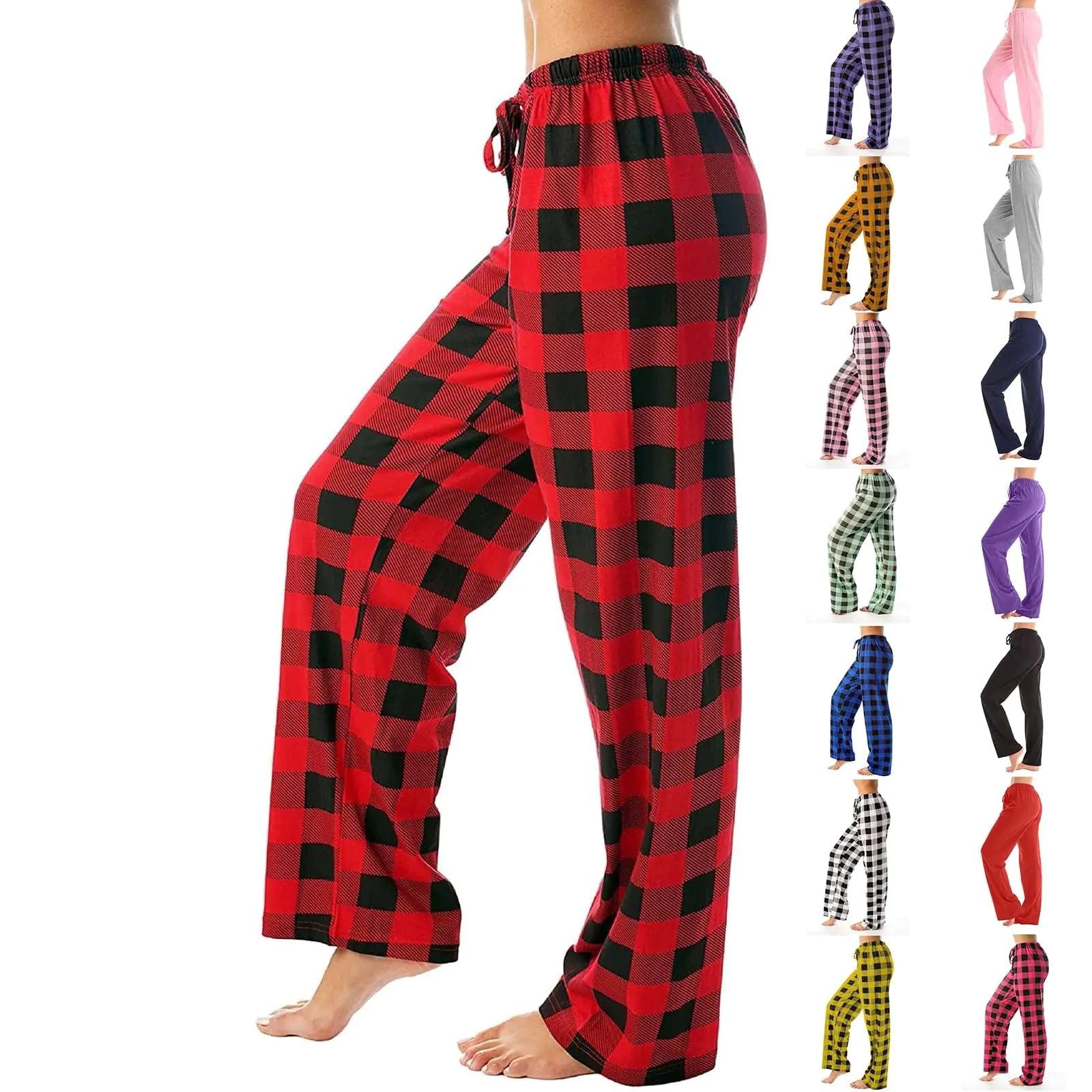 Mandotos cozy buffalo plaid cotton pajama pants with elastic waistband, featuring red and black checkered pattern for comfortable loungewear.