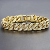 Gold Cuban curb bracelet by MANDOTOS featuring interlocking links and a polished finish, displayed on a neutral background.
