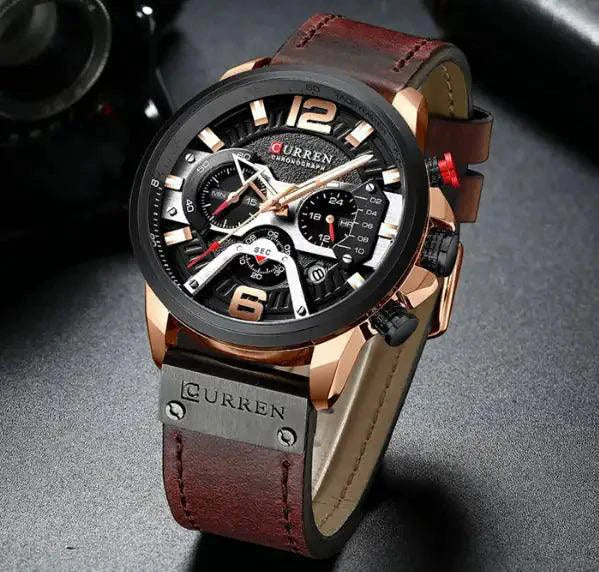 Mandotos Curren Chono 2022 Lux Watch with black dial, silver stainless steel band, and chronograph features.