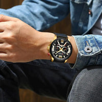 Mandotos Curren Chono 2022 Lux Watch with black dial, silver stainless steel band, and chronograph features.