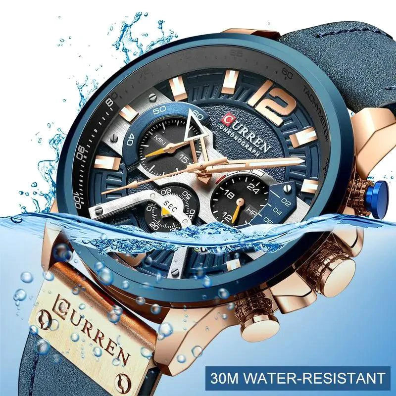 Mandotos Curren Chono 2022 Lux-Watch with black dial, stainless steel band, and chronograph features displayed on the watch face.