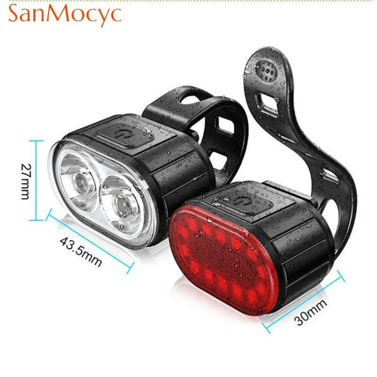 MANDOTOS cycling bike front and rear light set with waterproof LED headlight and taillight, USB rechargeable, ideal for MTB and bike safety.