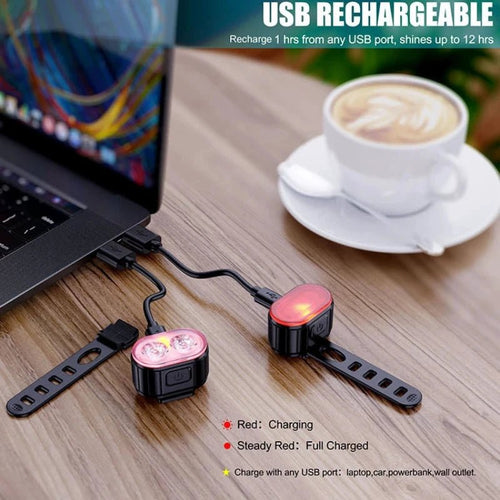 Mandotos cycling bike front and rear LED light set with USB charge, waterproof MTB taillight, and lantern for safety and visibility.