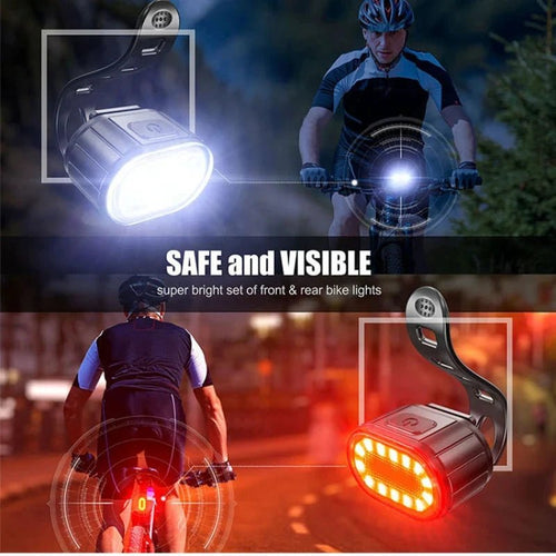 Mandotos cycling bicycle front and rear light set with USB rechargeable LED headlight and waterproof taillight for MTB and bike safety.