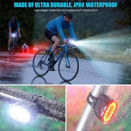 Mandotos cycling bike front and rear light set with USB charging, waterproof LED headlight and taillight for MTB and road bikes.