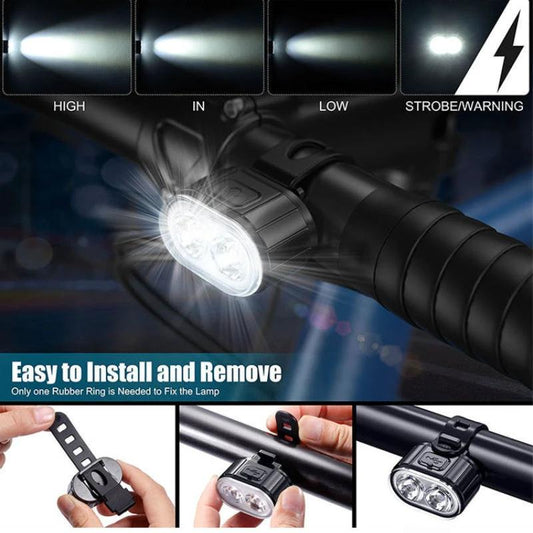 Mandotos cycling bike front and rear LED light set with waterproof design, USB rechargeable MTB headlight and taillight for safety.