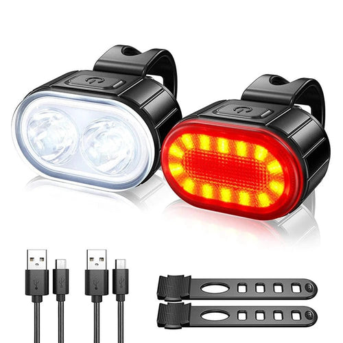 Mandotos cycling front and rear bike light set with USB charging, waterproof LED headlight and taillight for mountain biking.