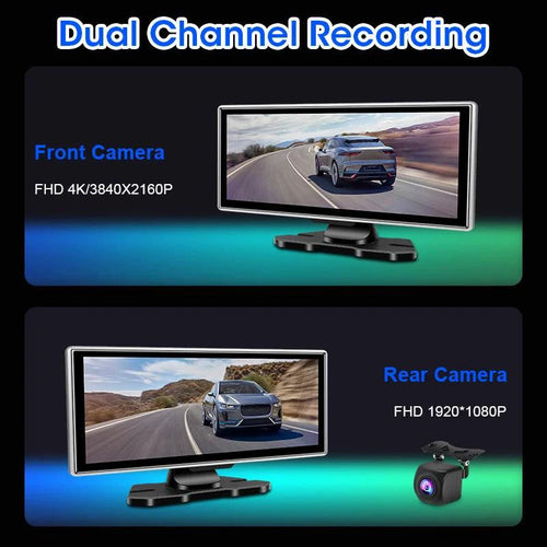 MANDOTOS dash cam 10.11.26-inch with 4K resolution and GPS, showing the camera lens and screen display in action.