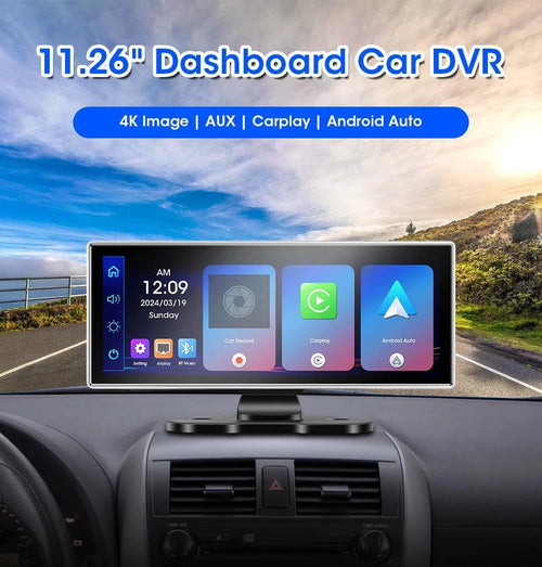 MANDOTOS 10.11.26-inch dash cam with 4K resolution and built-in GPS, showing the device mounted inside a vehicle.