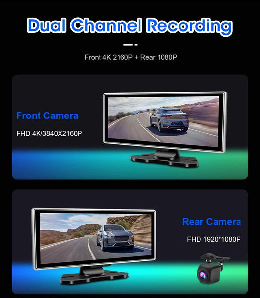 Mandotos 10.11.26-inch dash cam with 4K resolution and GPS, showing front view with lens and display screen.