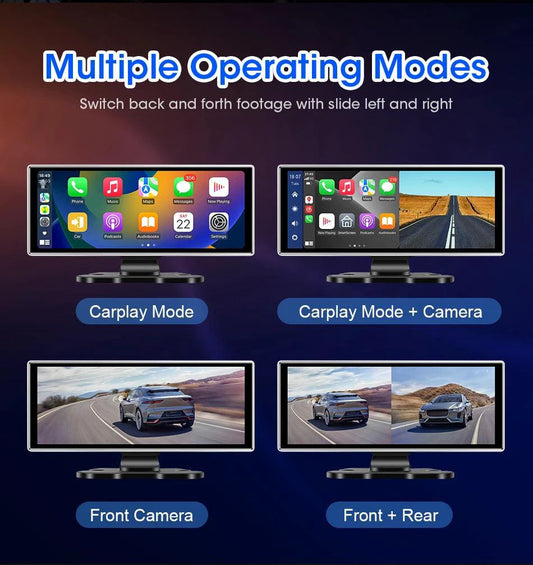 Mandotos 10.11.26-inch dash cam with 4K resolution and built-in GPS showing front view on a vehicle dashboard.