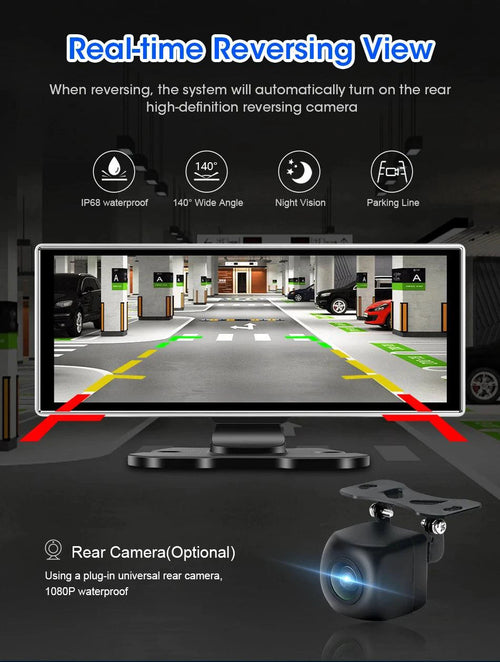 Mandotos 10.11.26-inch dash cam with 4K resolution and GPS showing front view of the camera lens and display screen