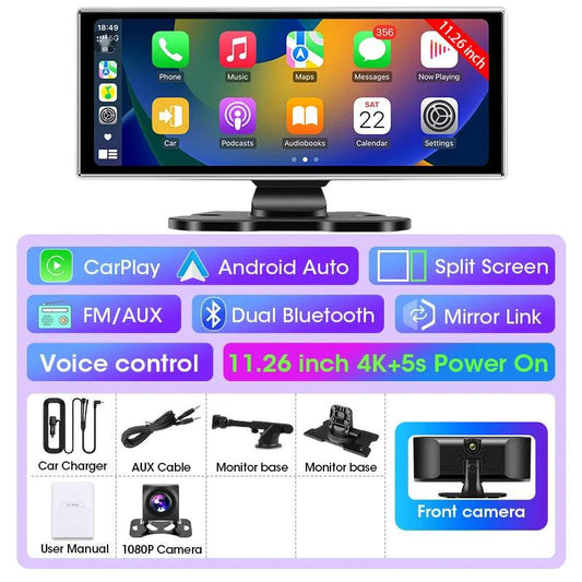 MANDOTOS 10.11.26-inch dash cam with 4K resolution and GPS tracking, showing the camera lens and display screen.