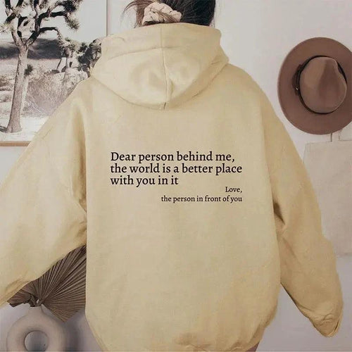 Mandotos women's plush hoodie with letter print, kangaroo pocket, drawstring hood, featuring heartfelt message, unisex trendy design.