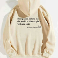 Women's plush hoodie with letter print and kangaroo pocket, featuring a heartfelt message, by MANDOTOS, unisex trendy casual wear.