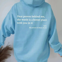 Mandotos women's plush hoodie with letter print, kangaroo pocket, drawstring hood, featuring heartfelt message, unisex trendy design.