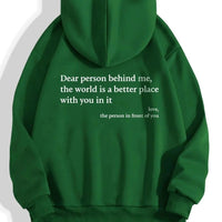Mandotos women's plush hoodie with printed message, kangaroo pocket, drawstring hood, featuring a cozy, trendy unisex design.