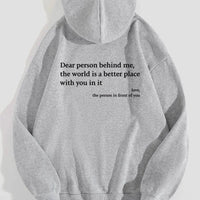 Women’s plush hoodie with letter print and kangaroo pocket, featuring a heartfelt message, by MANDOTOS, unisex trendy casual wear.