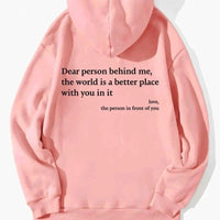 Women's plush hoodie with letter print, kangaroo pocket, drawstring hood, featuring heartfelt message, by MANDOTOS.