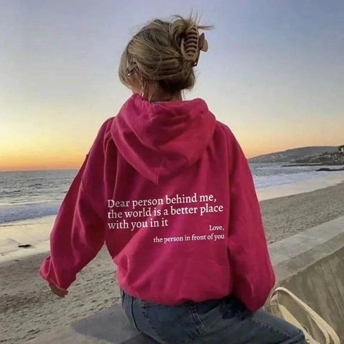 Mandotos women's plush hoodie with letter print, kangaroo pocket, drawstring hood, featuring the message "Dear Person Behind Me."