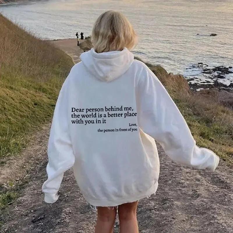 Women's plush hoodie with letter print, kangaroo pocket, drawstrings, and positive message from MANDOTOS, casual unisex trendy hoodie.