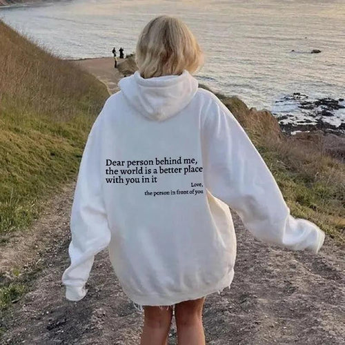 Women's plush hoodie with letter print, kangaroo pocket, drawstrings, and positive message from MANDOTOS, casual unisex trendy hoodie.