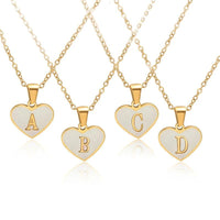 Mandotos white shell heart-shaped letter necklace with 26 letter charms on a delicate clavicle chain, personalized jewelry for women.