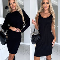 2pcs Suit Women's Solid Stripe Long-sleeved Top And Tight Suspender Skirt Fashion Autumn Winter Slim Clothing - MANDOTOS
