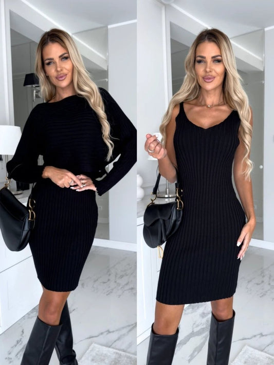 2pcs Suit Women's Solid Stripe Long-sleeved Top And Tight Suspender Skirt Fashion Autumn Winter Slim Clothing - MANDOTOS