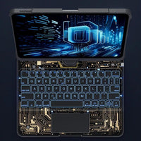 Mandotos 360 swivel clear iPad keyboard case with pen slot, Bluetooth-compatible smart trackpad cover and protective design.