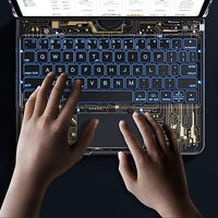 Mandotos 360 swivel clear keyboard case for iPad with smart trackpad, Bluetooth compatibility, and pen slot.