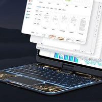 Mandotos 360 swivel clear iPad keyboard case with pen slot, Bluetooth-compatible smart trackpad cover and protective design.