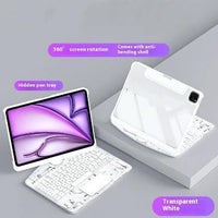 Mandotos 360 swivel clear iPad keyboard case with smart trackpad, Bluetooth compatibility, and pen slot for secure protection.