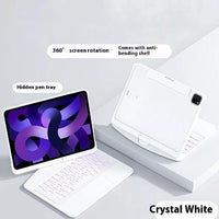 Mandotos 360 swivel clear iPad keyboard case with pen slot, Bluetooth-compatible smart trackpad and protective cover.