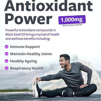 Mandotos black seed oil capsules in a clear bottle, showcasing the supplement for health and wellness benefits.