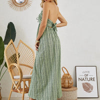 Mandotos bohemian halter maxi dress for women, sleeveless and flowy beach dress perfect for summer, with a relaxed fit and vibrant pattern.
