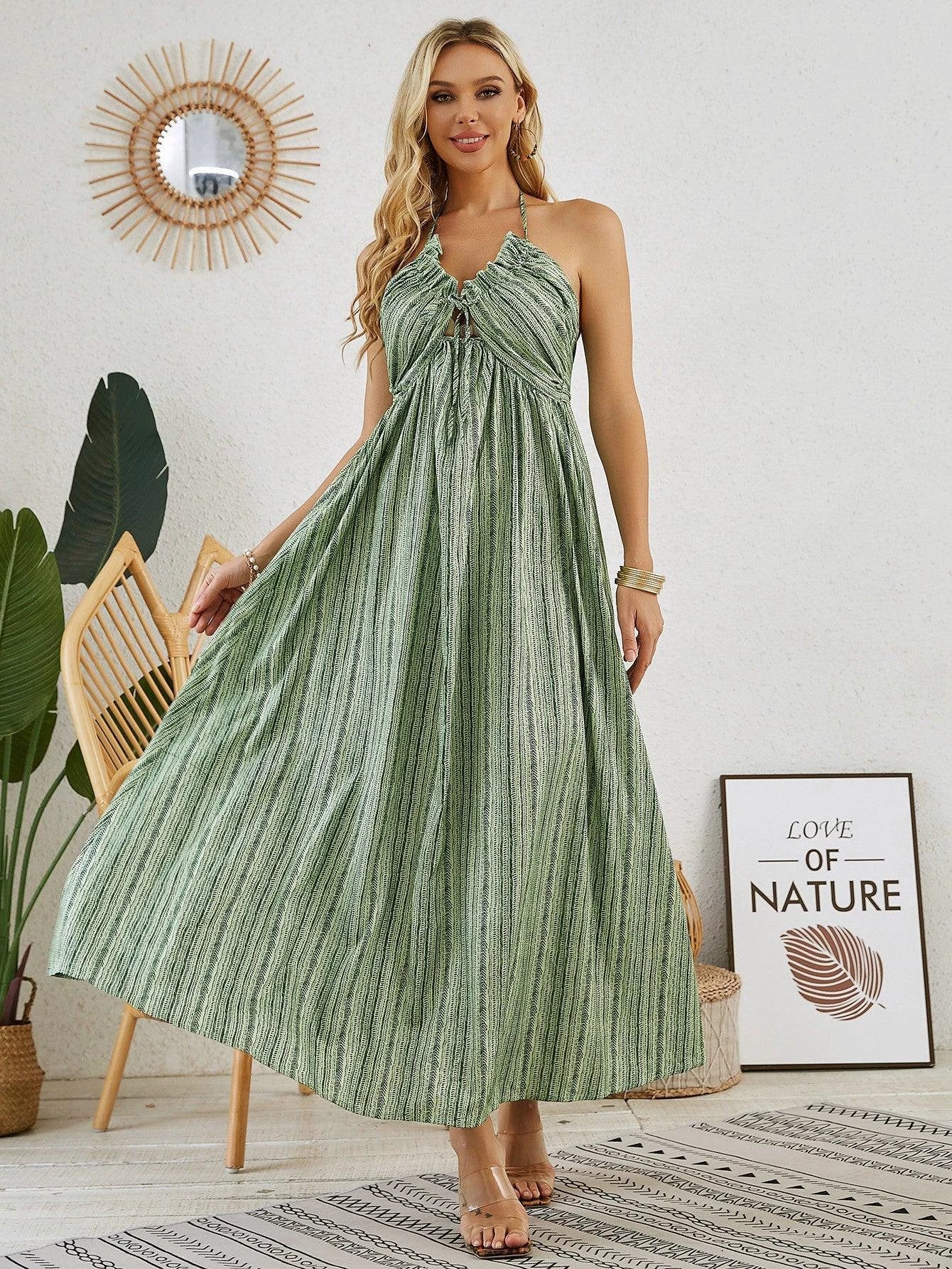 Bohemian Halter Maxi Dress - Women's Summer Sleeveless Flowy Beach Dress - MANDOTOS