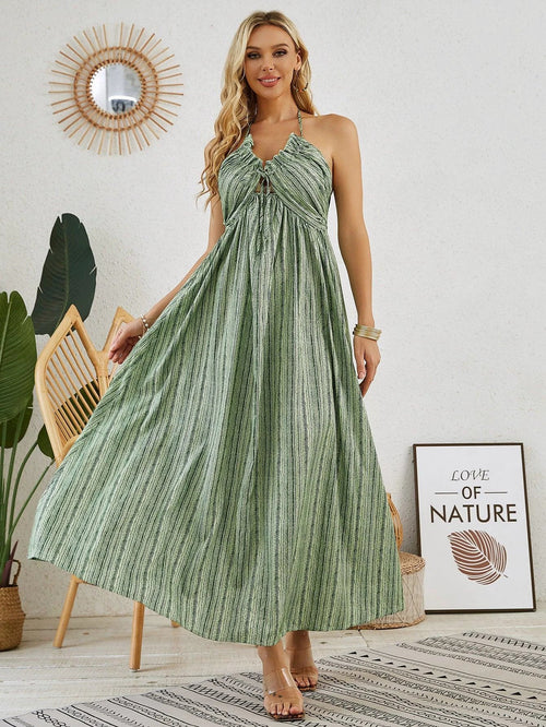 Bohemian Halter Maxi Dress - Women's Summer Sleeveless Flowy Beach Dress - MANDOTOS