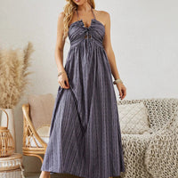 Mandotos bohemian halter maxi dress for women, sleeveless and flowy, perfect for summer beachwear and casual outdoor occasions.