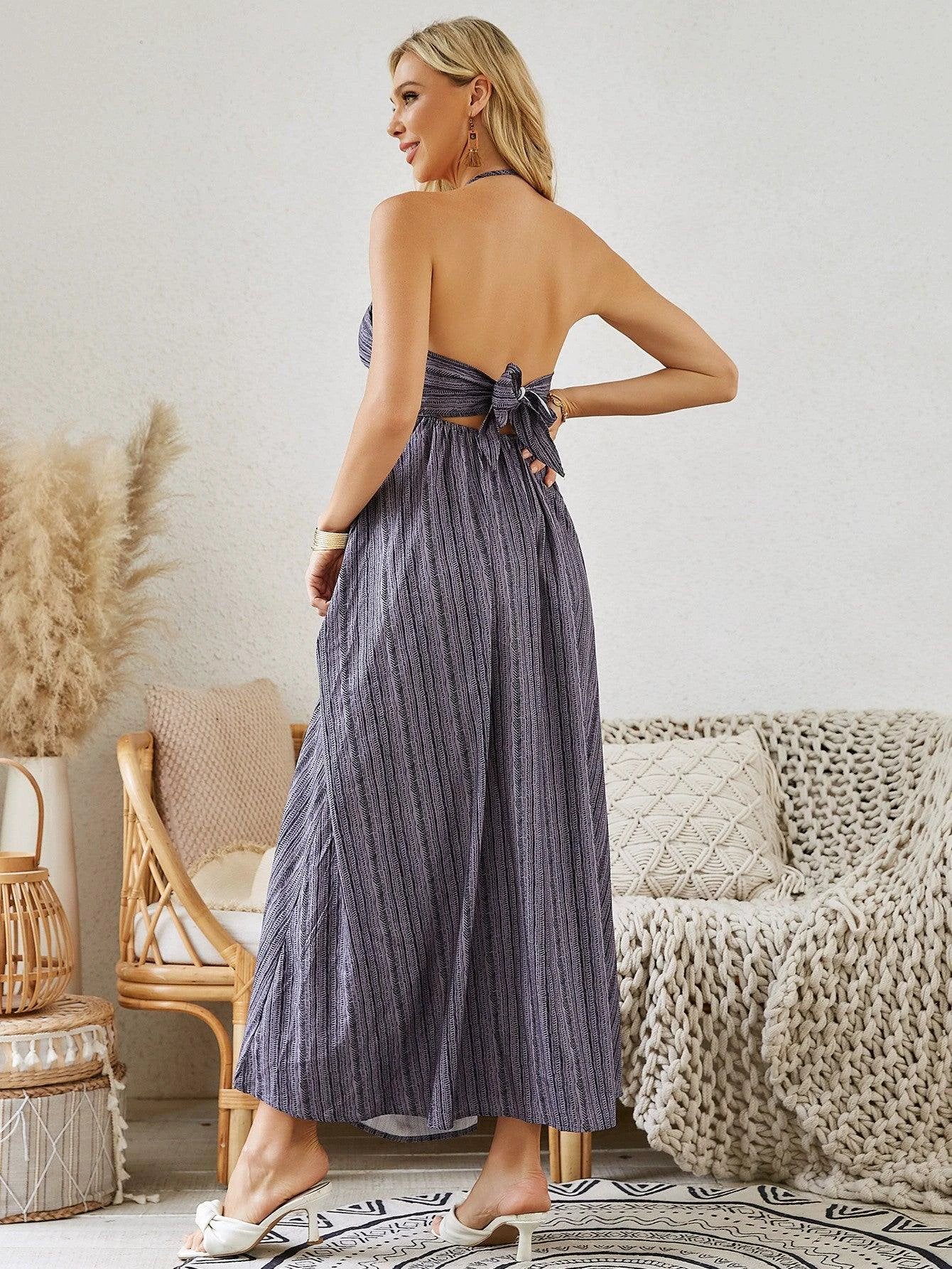 Bohemian Halter Maxi Dress - Women's Summer Sleeveless Flowy Beach Dress - MANDOTOS