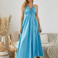 Mandotos bohemian halter maxi dress for women, sleeveless and flowy beach dress perfect for summer.