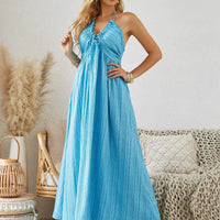 Mandotos Bohemian halter maxi dress for women, sleeveless and flowy, perfect for summer beachwear and casual outdoor wear.