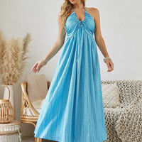 Mandotos bohemian halter maxi dress for women, sleeveless and flowy, perfect for summer beachwear and casual outdoor occasions.