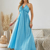 Mandotos bohemian halter maxi dress for women, sleeveless and flowy, perfect for summer beach wear, with a relaxed, boho style.