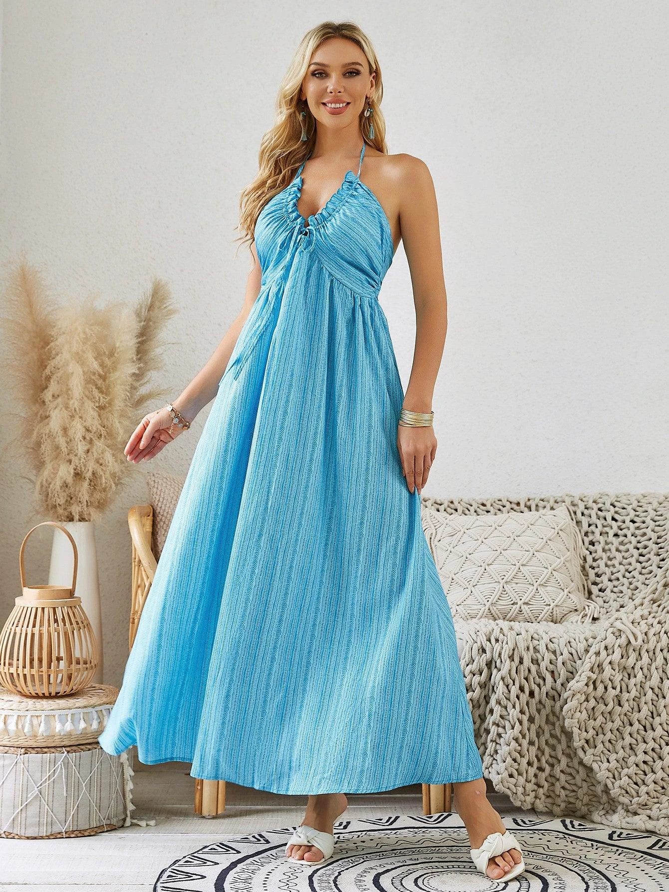 Mandotos bohemian halter maxi dress for women, sleeveless and flowy, perfect for summer beach wear, with a relaxed, boho style.