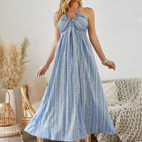 Mandotos bohemian halter maxi dress for women, sleeveless, flowy summer beach dress with vibrant print and relaxed fit.