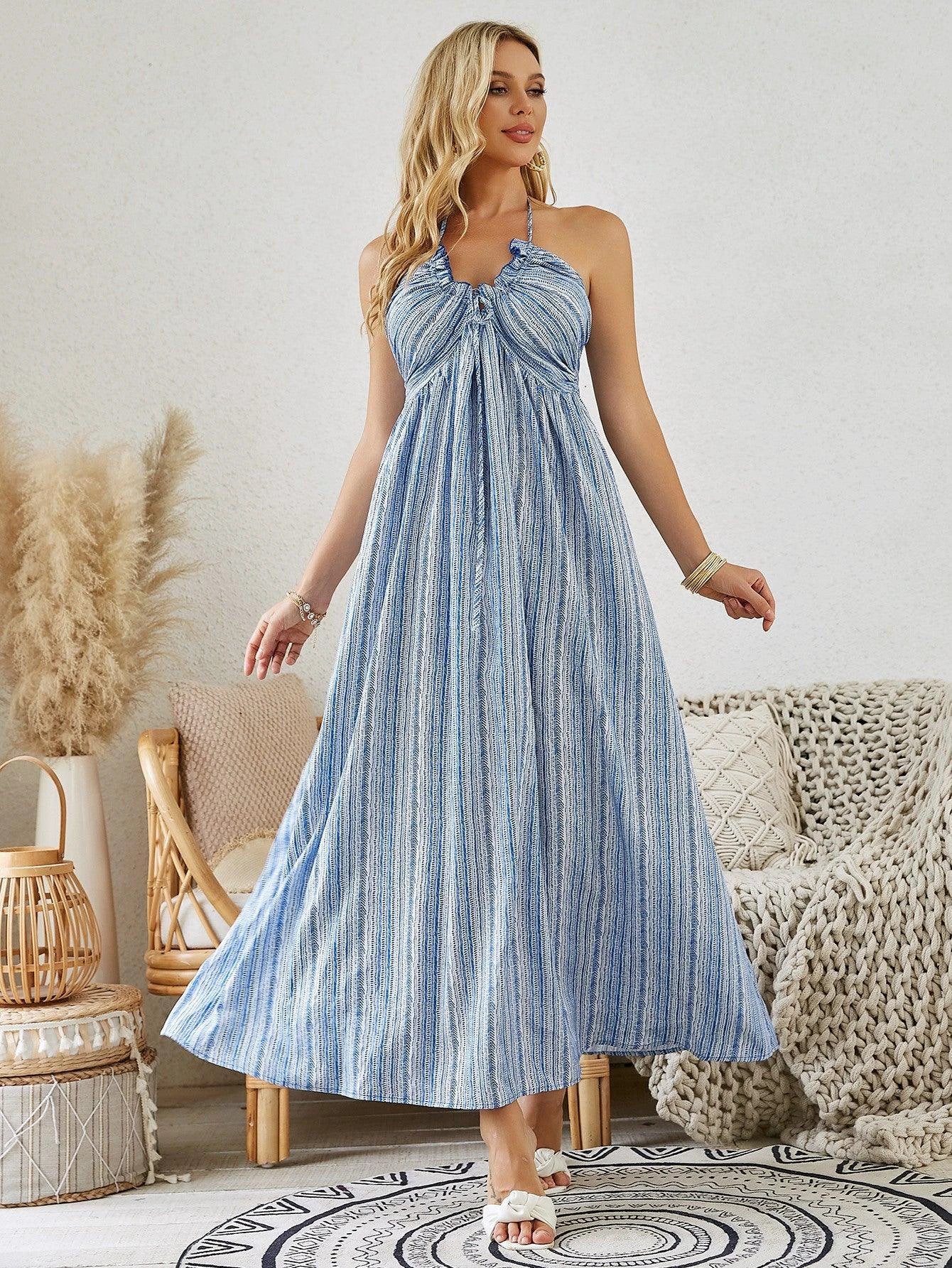 Mandotos bohemian halter maxi dress for women, sleeveless, flowy summer beach dress with vibrant print and relaxed fit.
